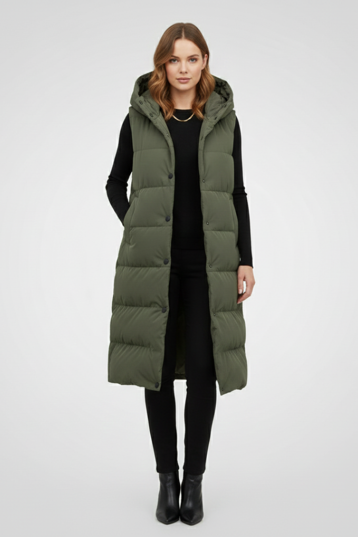 Juno | Gilet long à capuche pour femme – Longueur mi-longue et poches latérales