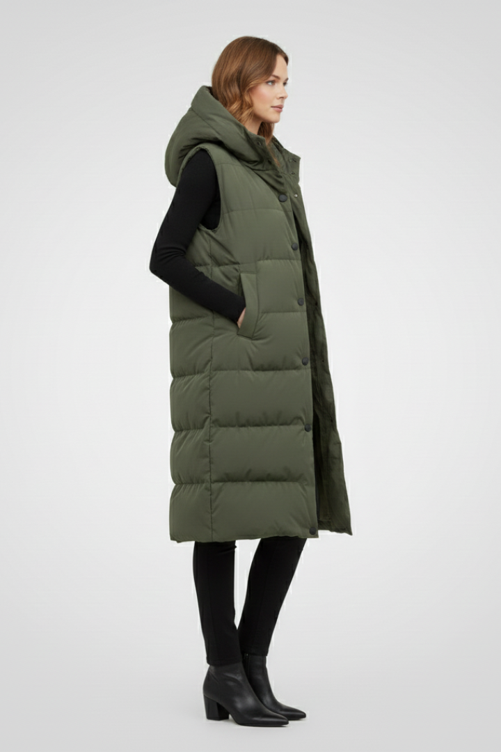 Juno | Gilet long à capuche pour femme – Longueur mi-longue et poches latérales