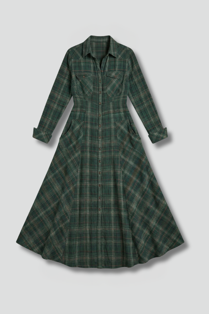 Calyra | Robe Longue à Carreaux pour Femme – Robe Chemise Boutonnée avec Col