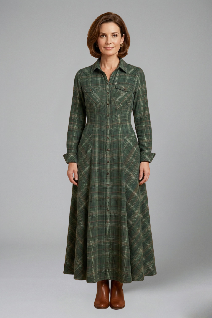 Calyra | Robe Longue à Carreaux pour Femme – Robe Chemise Boutonnée avec Col