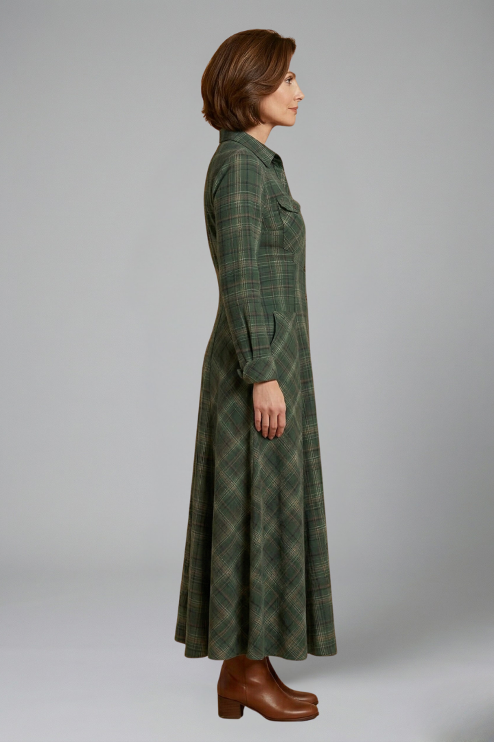 Calyra | Robe Longue à Carreaux pour Femme – Robe Chemise Boutonnée avec Col