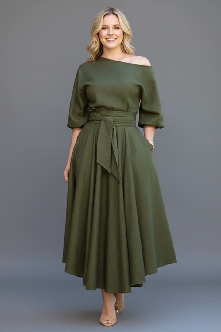 Greylinn | Robe mi-longue à épaules dénudées pour femme, à manches lanterne