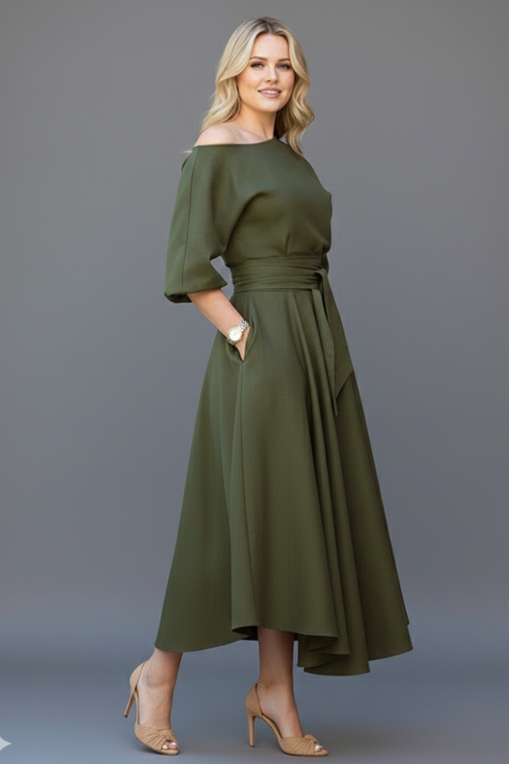 Greylinn | Robe mi-longue à épaules dénudées pour femme, à manches lanterne