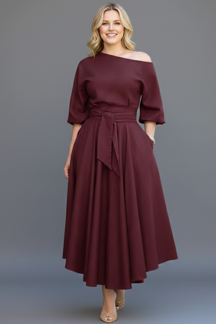 Greylinn | Robe mi-longue à épaules dénudées pour femme, à manches lanterne