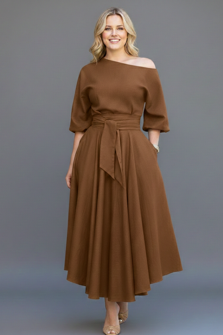 Greylinn | Robe mi-longue à épaules dénudées pour femme, à manches lanterne