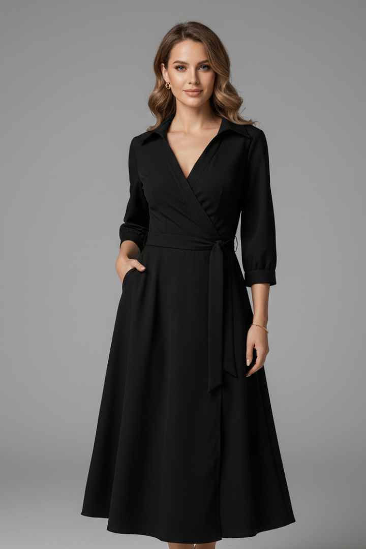 Tressina | Robe midi à col en V pour femme, à manches longues, coupe élégante et style polyvalent