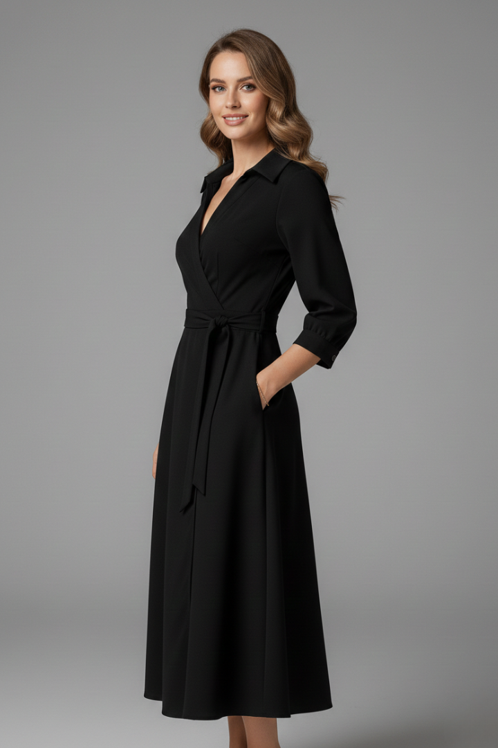 Tressina | Robe midi à col en V pour femme, à manches longues, coupe élégante et style polyvalent