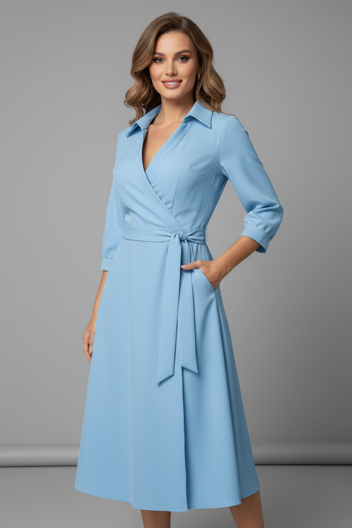 Tressina | Robe midi à col en V pour femme, à manches longues, coupe élégante et style polyvalent