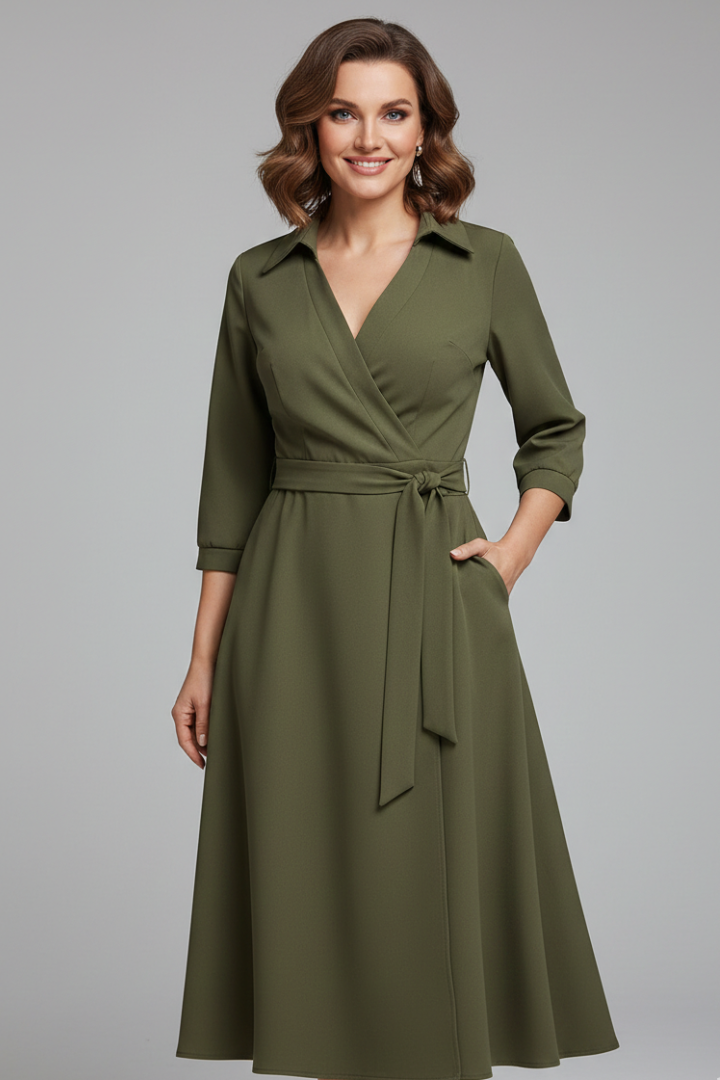 Tressina | Robe midi à col en V pour femme, à manches longues, coupe élégante et style polyvalent