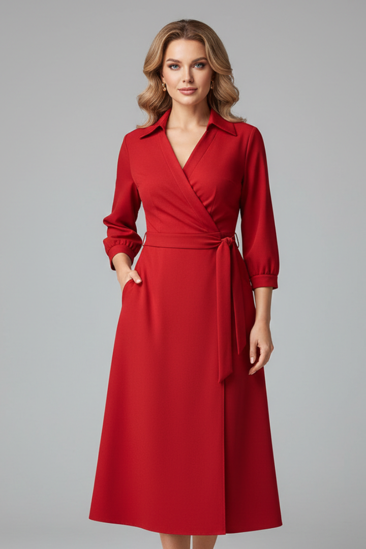 Tressina | Robe midi à col en V pour femme, à manches longues, coupe élégante et style polyvalent