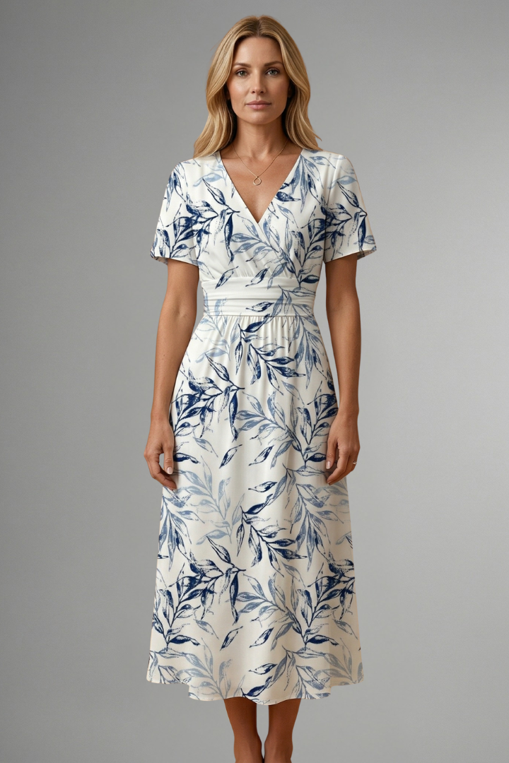 Romilly | Robe midi à fleurs pour femme, col en V - Robe décontractée à manches courtes,