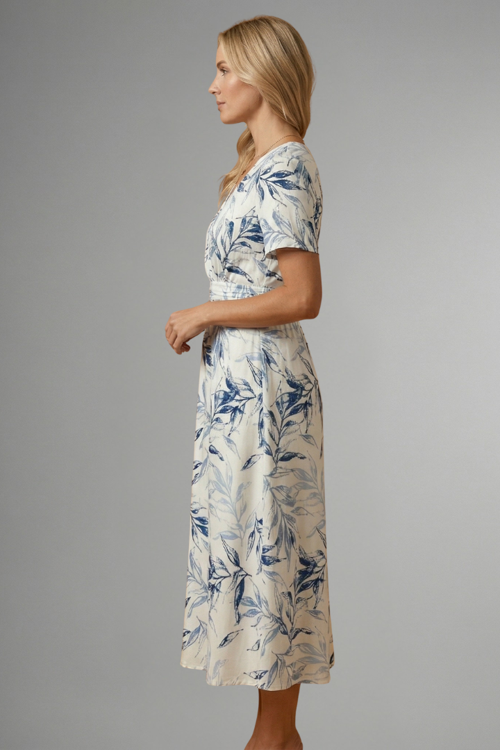 Romilly | Robe midi à fleurs pour femme, col en V - Robe décontractée à manches courtes,