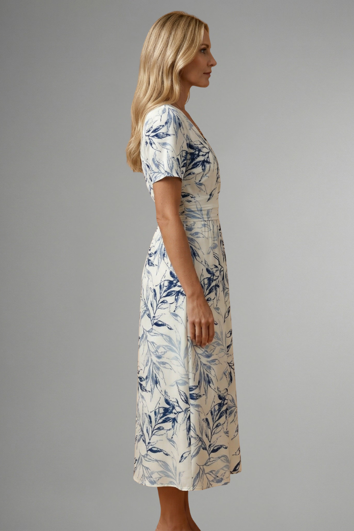 Romilly | Robe midi à fleurs pour femme, col en V - Robe décontractée à manches courtes,