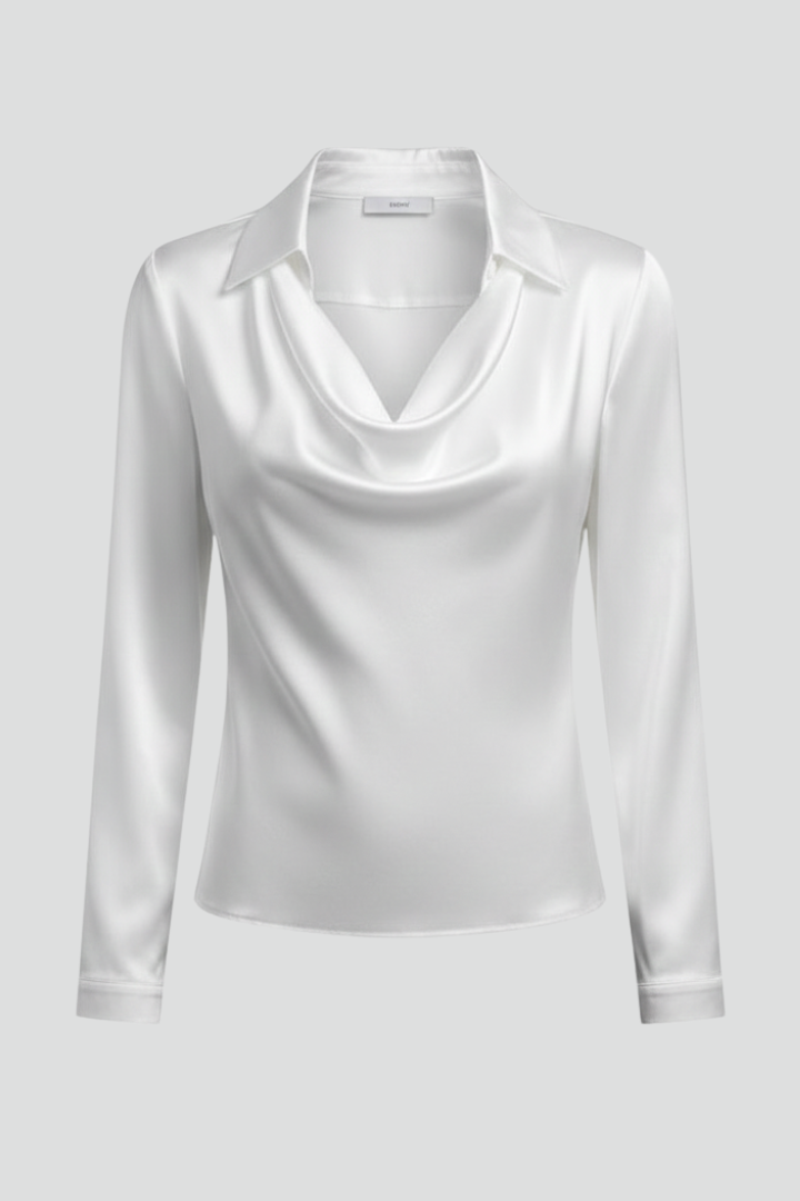 Elsinora | Chemisier luxueux en satin pour femme à col drapé – Haut élégant à manches longues