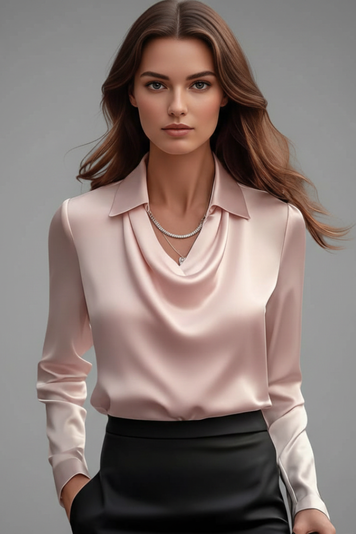 Elsinora | Chemisier luxueux en satin pour femme à col drapé – Haut élégant à manches longues