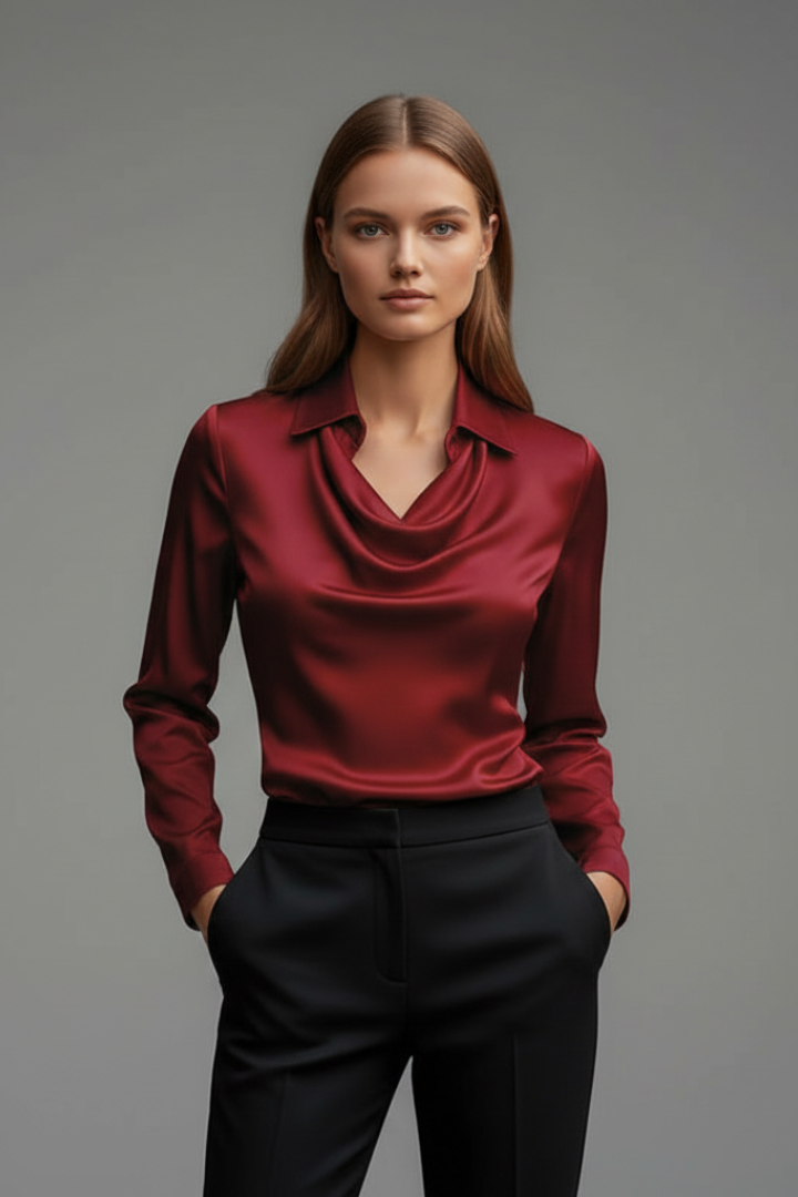 Elsinora | Chemisier luxueux en satin pour femme à col drapé – Haut élégant à manches longues