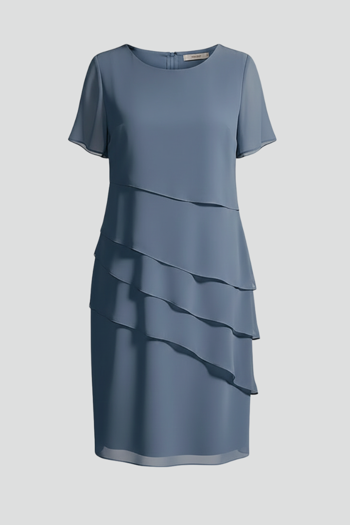 Emberly | Robe à col rond et superpositions pour femme - Robe à manches courtes et coupe droite