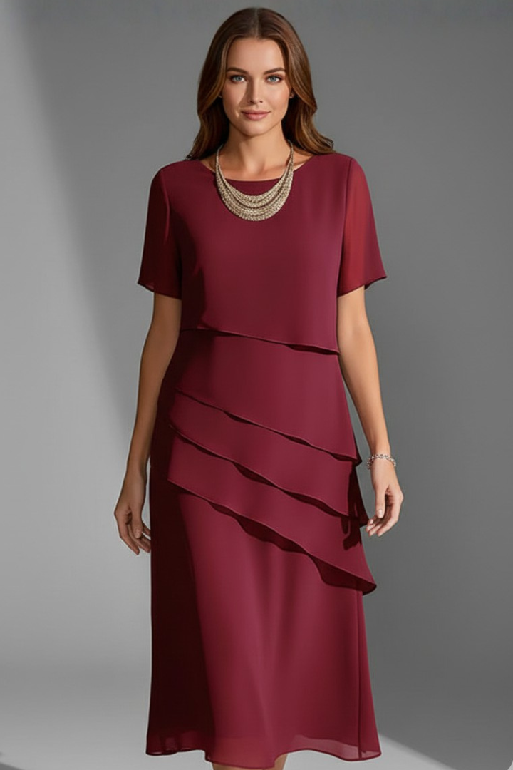 Emberly | Robe à col rond et superpositions pour femme - Robe à manches courtes et coupe droite