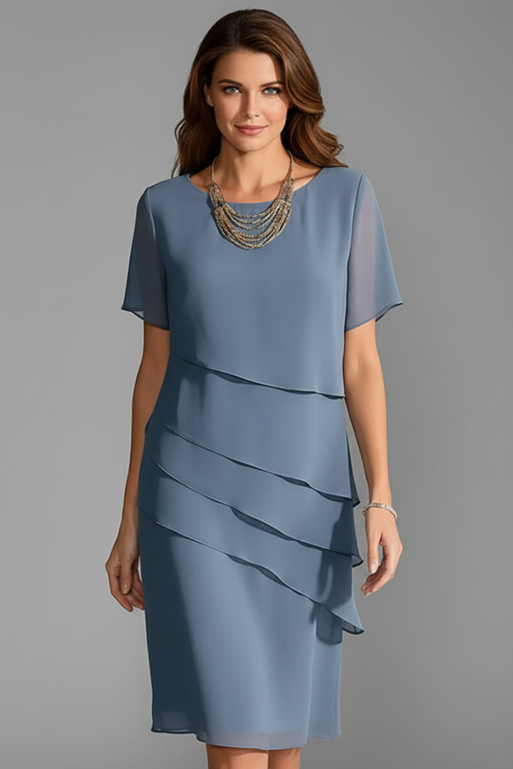 Emberly | Robe à col rond et superpositions pour femme - Robe à manches courtes et coupe droite