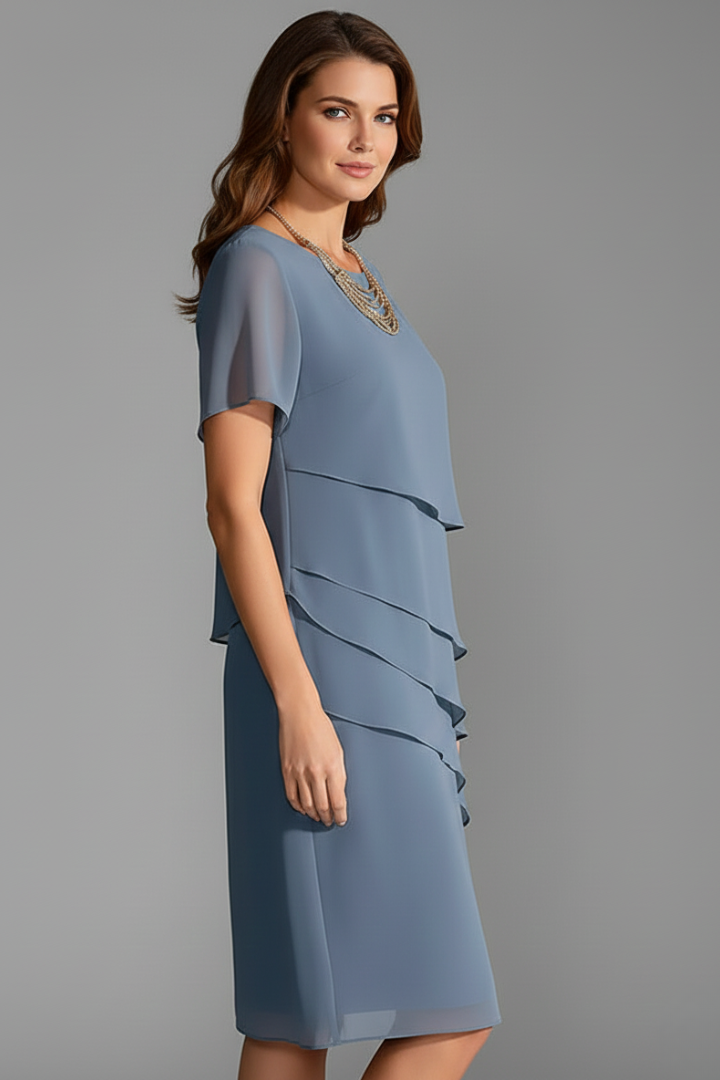 Emberly | Robe à col rond et superpositions pour femme - Robe à manches courtes et coupe droite