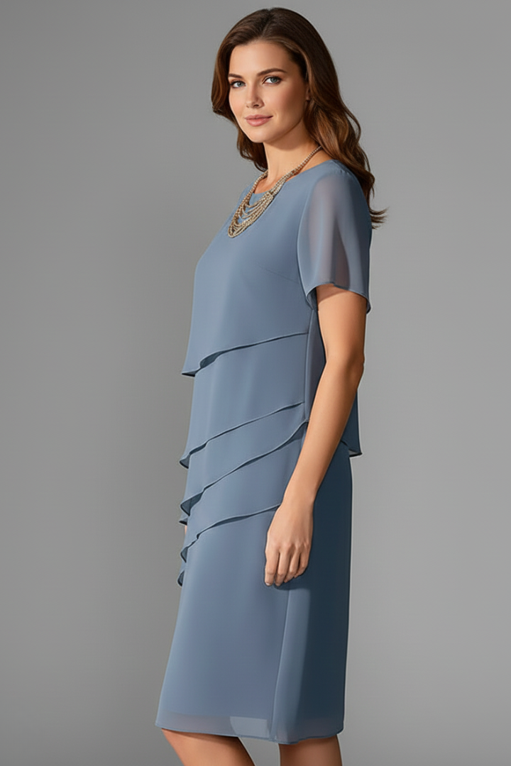 Emberly | Robe à col rond et superpositions pour femme - Robe à manches courtes et coupe droite