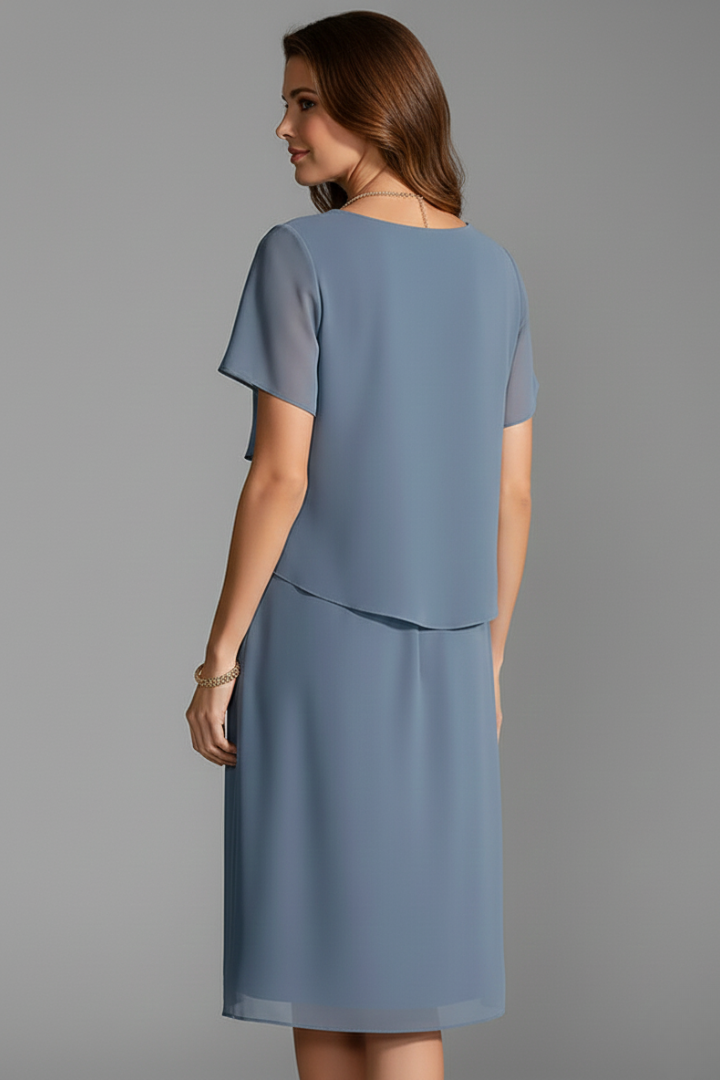 Emberly | Robe à col rond et superpositions pour femme - Robe à manches courtes et coupe droite