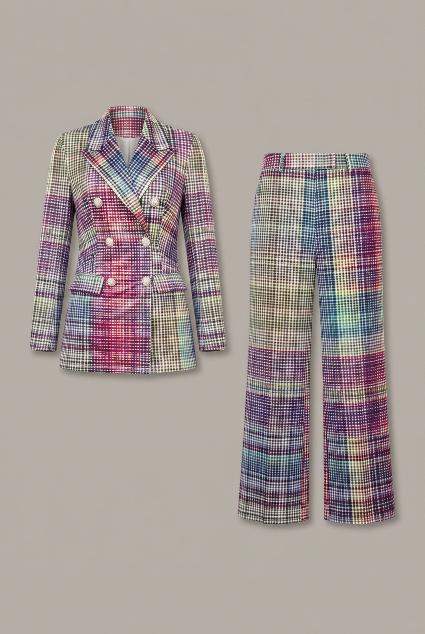 Dione | Ensemble tailleur deux pièces pour femme – Blazer à double boutonnage, pantalon à jambes larges