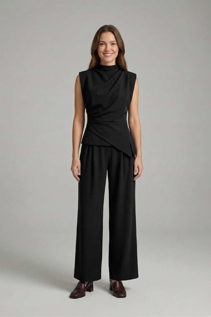 Arisyn | Ensemble coordonné pour femme – Haut drapé sans manches et pantalon à jambes droites