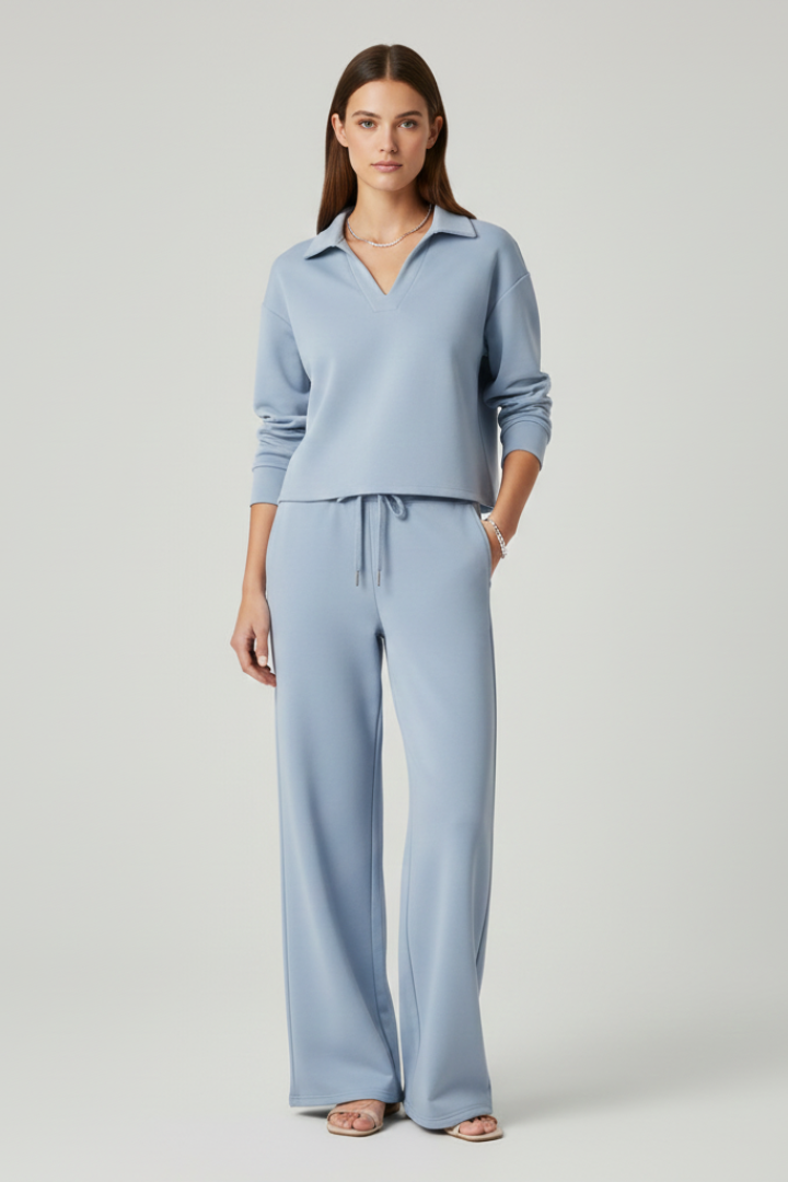 Rhoselle | Ensemble 2 pièces pour femme : haut à col en V et pantalon à jambes larges