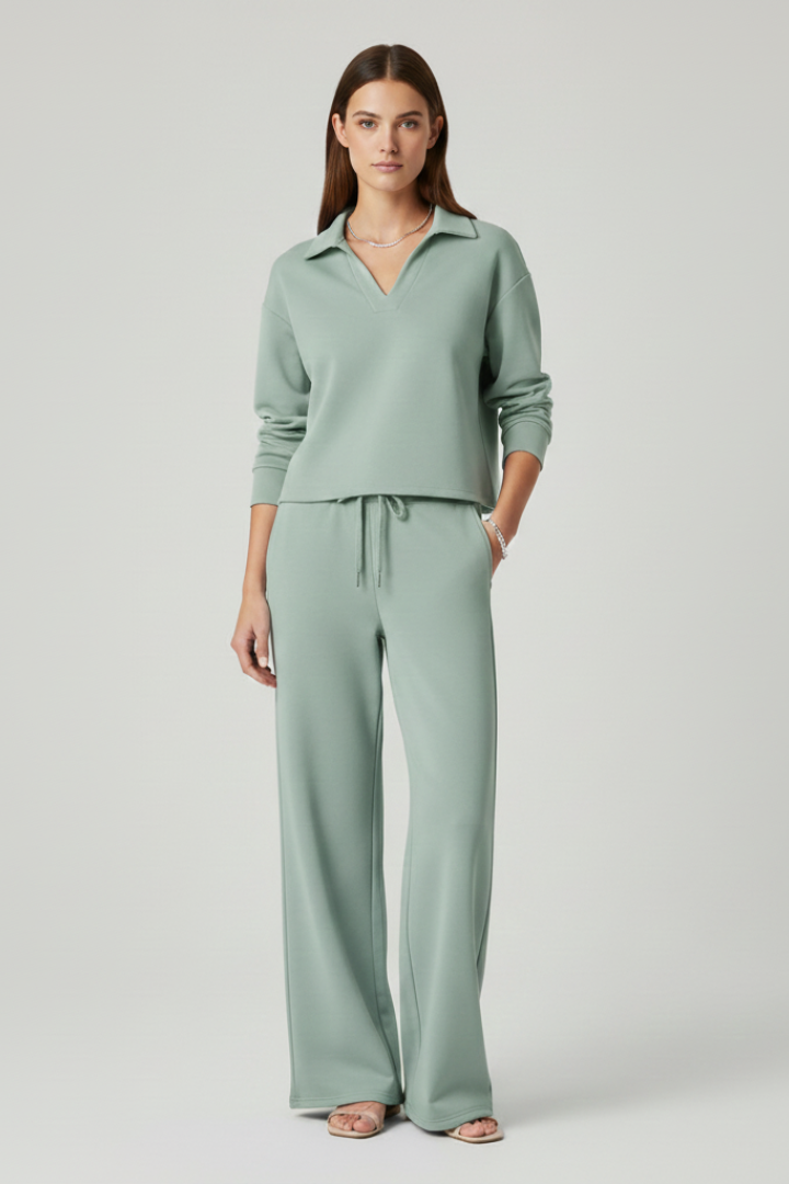 Rhoselle | Ensemble 2 pièces pour femme : haut à col en V et pantalon à jambes larges