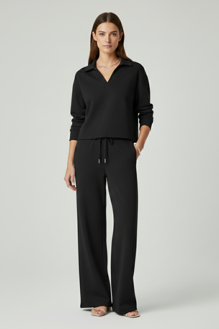 Rhoselle | Ensemble 2 pièces pour femme : haut à col en V et pantalon à jambes larges