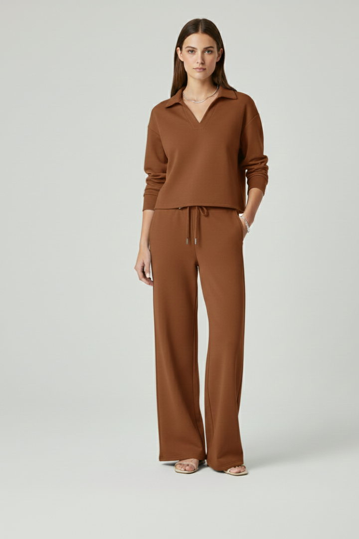 Rhoselle | Ensemble 2 pièces pour femme : haut à col en V et pantalon à jambes larges