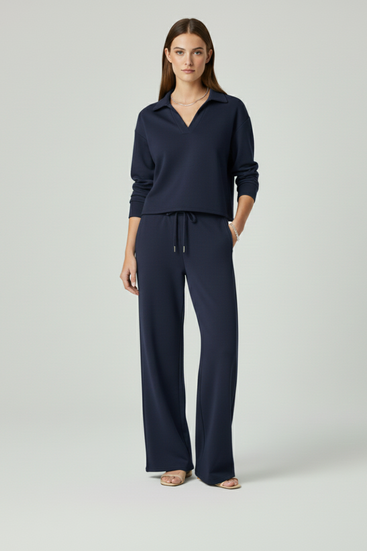 Rhoselle | Ensemble 2 pièces pour femme : haut à col en V et pantalon à jambes larges