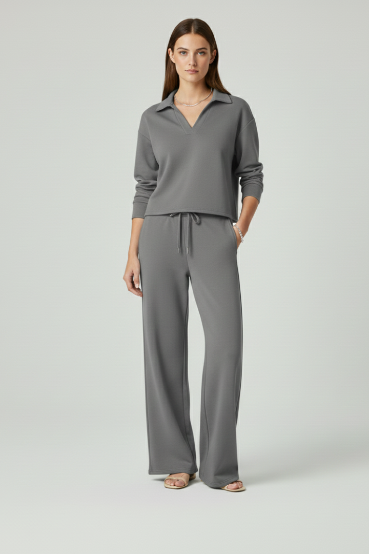 Rhoselle | Ensemble 2 pièces pour femme : haut à col en V et pantalon à jambes larges