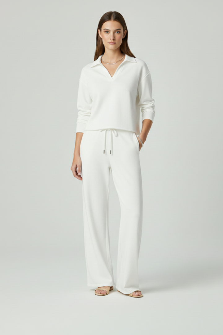 Rhoselle | Ensemble 2 pièces pour femme : haut à col en V et pantalon à jambes larges