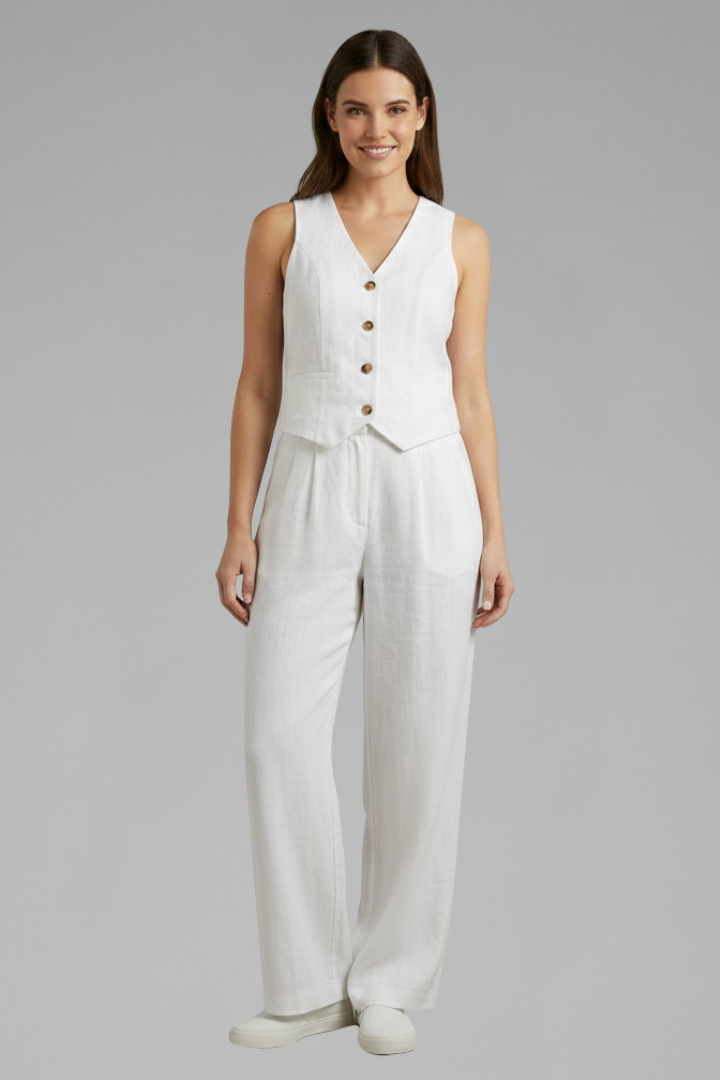 Ellis | Ensemble deux pièces pour femme – Gilet sans manches à encolure en V avec boutons et pantalon
