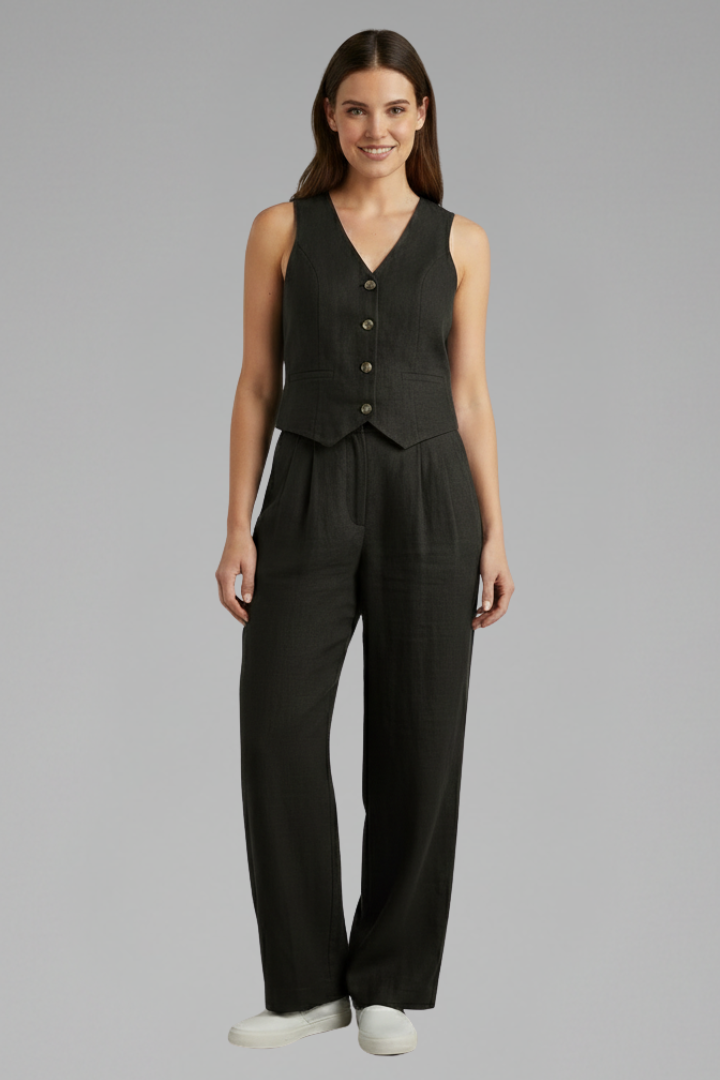 Faylinn | Ensemble 2 pièces chic et décontracté pour femme – Gilet à col en V et pantalon à jambes larges
