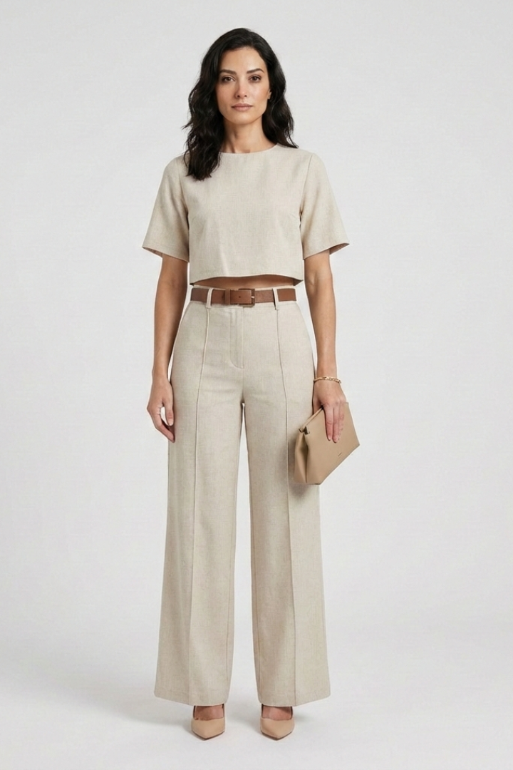 Estelle | Ensemble deux pièces pour femme – Haut à manches courtes et col rond avec pantalon