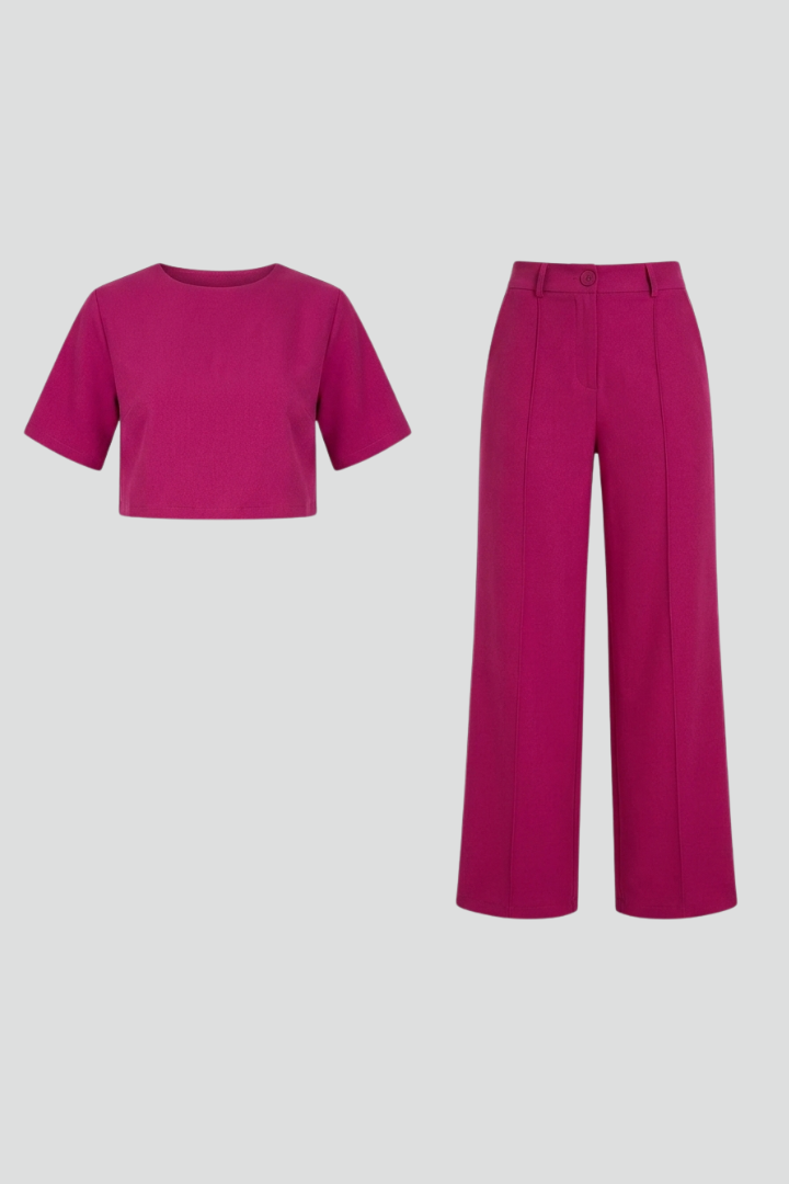 Estelle | Ensemble deux pièces pour femme – Haut à manches courtes et col rond avec pantalon