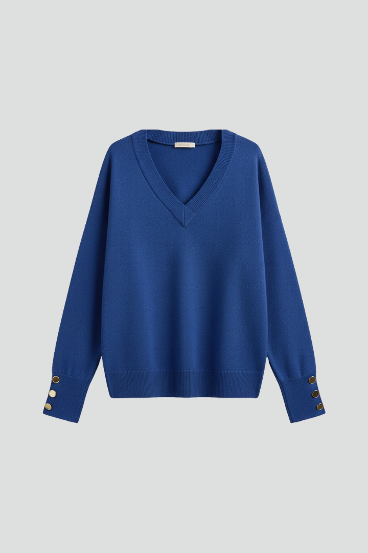 Mireille | Pull en maille à col V pour femme – Épaules tombantes, manches longues et poignets boutonnés