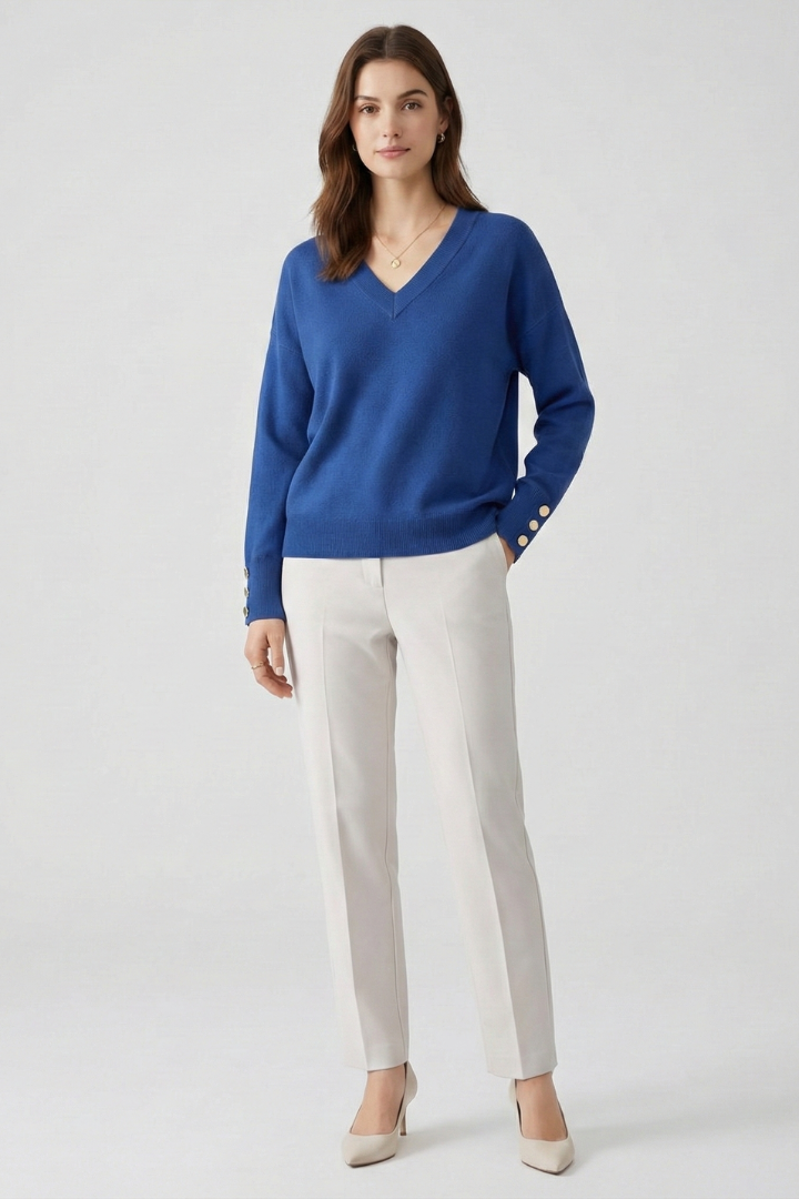 Mireille | Pull en maille à col V pour femme – Épaules tombantes, manches longues et poignets boutonnés
