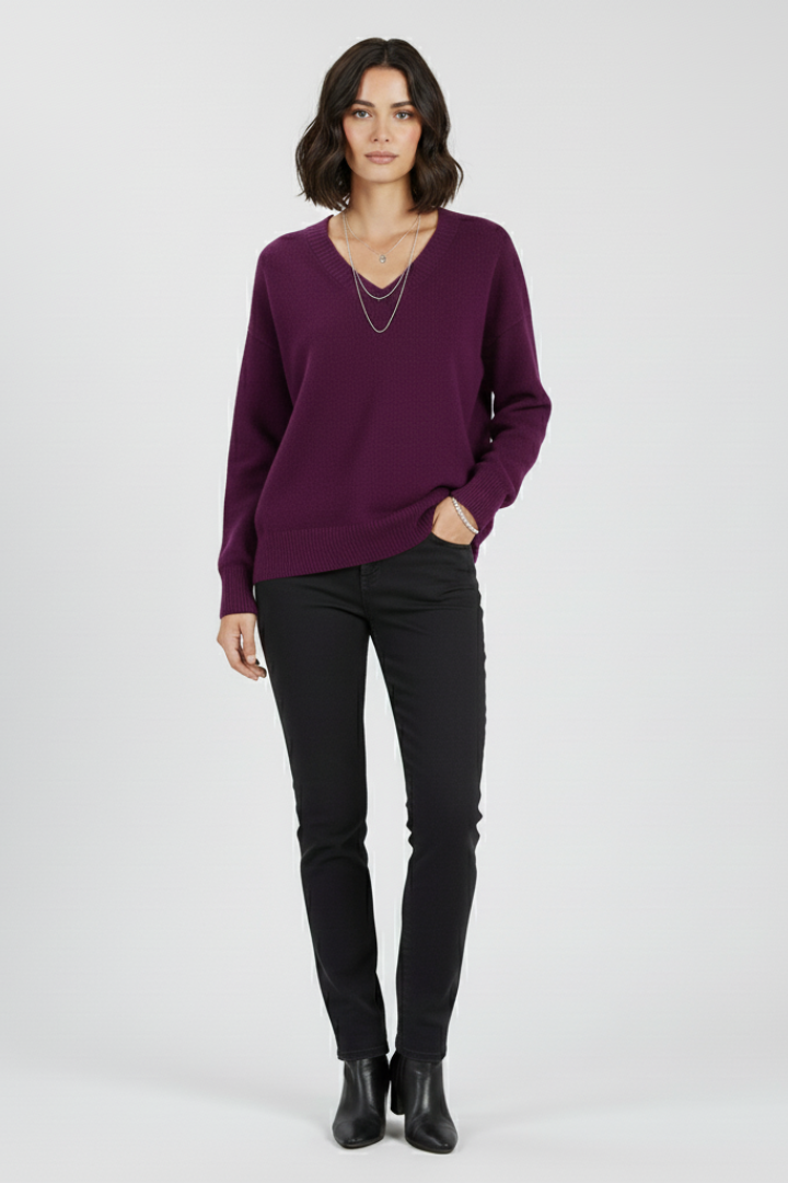 Floriana | Pull en maille à col V pour femme – Haut à manches longues avec ourlet droit