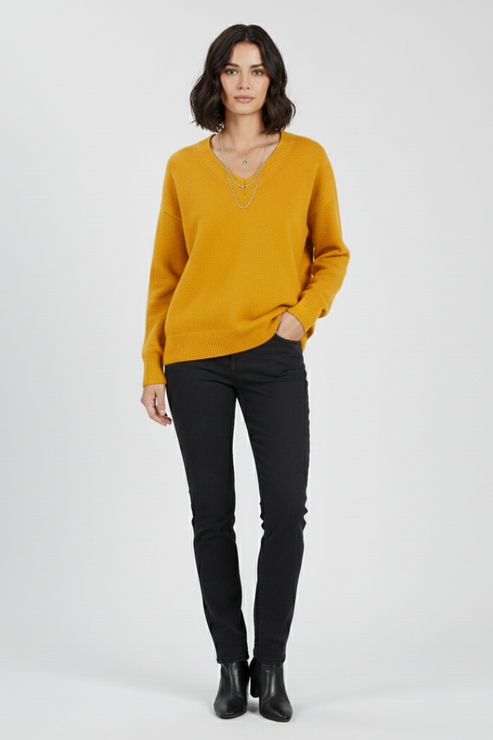 Floriana | Pull en maille à col V pour femme – Haut à manches longues avec ourlet droit