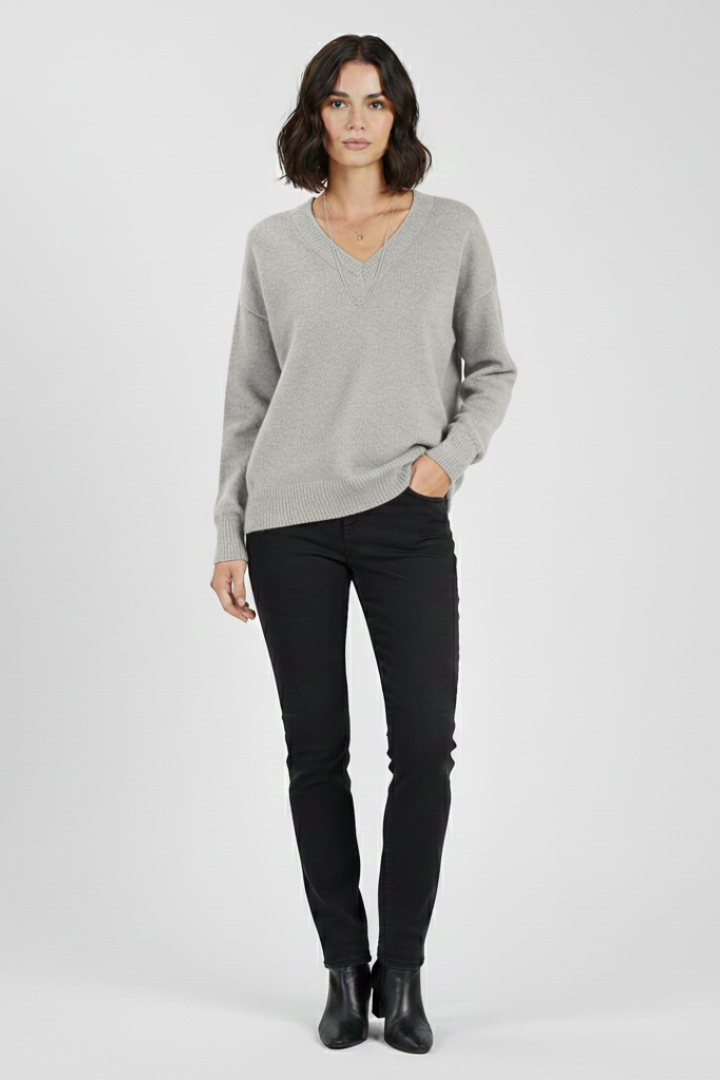 Floriana | Pull en maille à col V pour femme – Haut à manches longues avec ourlet droit