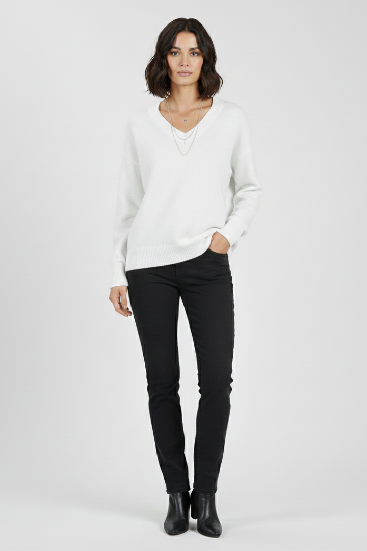 Floriana | Pull en maille à col V pour femme – Haut à manches longues avec ourlet droit