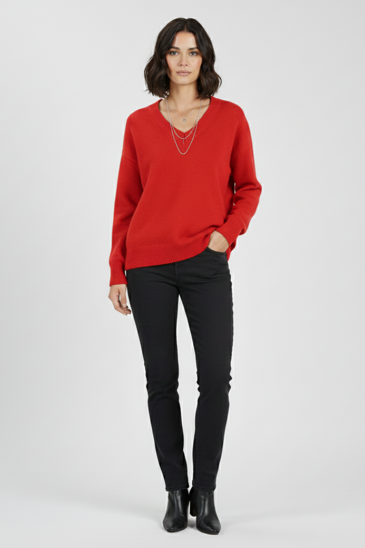Floriana | Pull en maille à col V pour femme – Haut à manches longues avec ourlet droit
