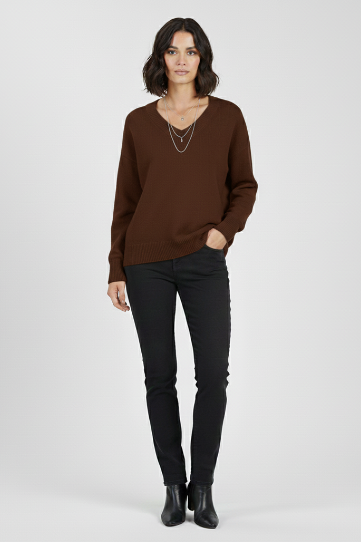 Floriana | Pull en maille à col V pour femme – Haut à manches longues avec ourlet droit