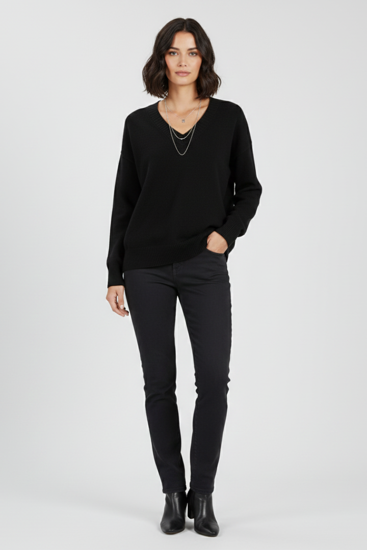 Floriana | Pull en maille à col V pour femme – Haut à manches longues avec ourlet droit