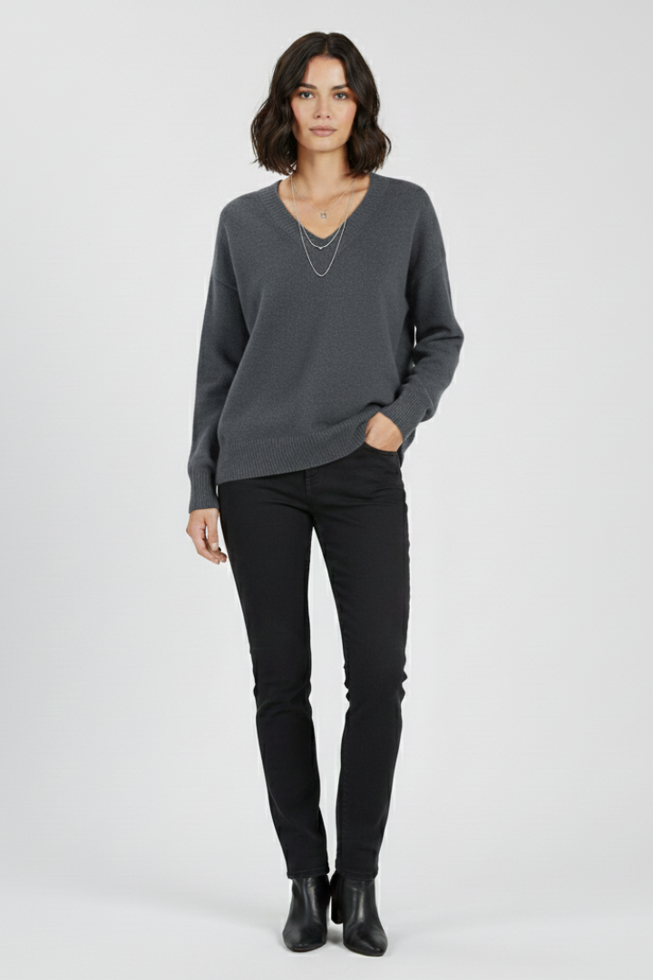 Floriana | Pull en maille à col V pour femme – Haut à manches longues avec ourlet droit