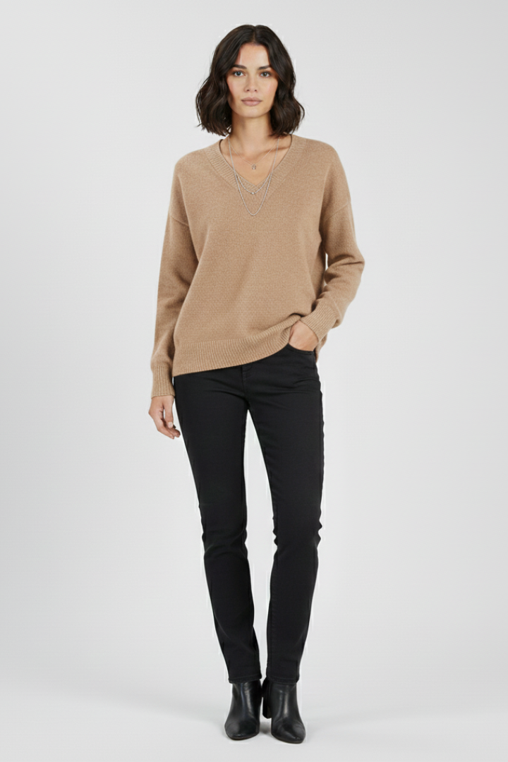 Floriana | Pull en maille à col V pour femme – Haut à manches longues avec ourlet droit